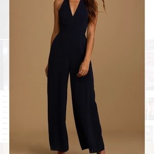 Navy Blue Striped Halter Wide-Leg Jumpsui